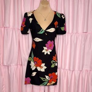 Billabong Floral Wrap Dress Black Multicolor Puff Sleeve Size Small